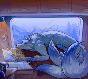 3_tails ambiguous_gender beard blonde_hair claws clothing container cup dipstick_tail duo eyes_closed facial_hair feral fur furniture hair hill inner_ear_fluff inside lying male markings mug multi_tail plant power_outlet purple_body purple_fur quadruped sleeping sleeping_on_another sleeping_together tail tail_markings tree tuft white_body white_fur window roddcherry the_nature_of_predators artaya_(venlilwrangler) fan_character ullr_(venlilwrangler) alien arctic_fox canid canine fox human jaslip_(the_nature_of_predators) mammal true_fox absurd_res digital_media_(artwork) hi_res female_(lore)
