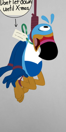 3_toes 4_fingers anthro asphyxiation bdsm blue_body bondage bound feet fingers gift_tag hands_behind_back hanged imminent_death male mascot noose open_mouth snuff solo text toes aaron_amethyst froot_loops kellogg's toucan_sam avian bird toucan absurd_res english_text hi_res