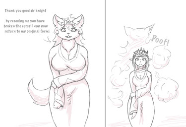anthro anthro_to_human big_breasts bottomwear breasts clothing crown dialogue female front_view hair headgear looking_at_viewer shrinking size_transformation skirt smile solo species_transformation text transformation stormwolfbaron canid canine canis elf human mammal wolf 2022 english_text sketch