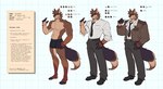 anthro bottomwear bulge clock clothing fur male multicolored_body multicolored_fur muscular necktie pants shirt solo text topwear underwear k41bvtsv otternito michael_wolfgang_(k41bvtsv) canid canine canis mammal wolf absurd_res english_text hi_res model_sheet