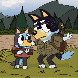 4_fingers age_difference anthro backpack barefoot black_eyes blue_body blue_fur bottomwear clothing countershading dark_body dark_fur dark_nose duo evergreen_tree facial_hair feet female fingers fur grass gun holding_gun holding_object holding_ranged_weapon holding_rifle holding_weapon larger_male male mountain mountain_range multicolored_body multicolored_fur older_male pants parody pine_tree plant ranged_weapon rifle rifle_scope scope shirt shotgun size_difference smaller_female standing tail topwear tree weapon yellow_body yellow_countershading yellow_inner_ear young young_female miss_pie_(artist) bluey_(series) naughty_dog sony_corporation sony_interactive_entertainment the_last_of_us bandit_heeler bluey_heeler australian_cattle_dog canid canine canis cattledog domestic_dog herding_dog mammal pastoral_dog 1:1 daughter_(lore) father_(lore) father_and_child_(lore) father_and_daughter_(lore) parent_(lore) parent_and_child_(lore) parent_and_daughter_(lore)