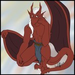 anthro belt black_border border bottomwear clothed clothing featureless_chest hair horn humanoid_pointy_ears loincloth loincloth_only looking_at_viewer male membrane_(anatomy) membranous_wings pointy_ears red_body smile solo tail topless white_hair wings rianith disney gargoyles brooklyn_(gargoyles) gargoyle scalie digital_media_(artwork)
