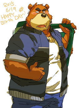 anthro birthday blue_bottomwear blue_clothing blue_jacket blue_pants blue_topwear blush bottomwear brown_body brown_fur clothing countershade_snout countershading fur grey_nose jacket male multicolored_body multicolored_fur musclegut muscular overweight overweight_anthro overweight_male pants shirt simple_background snout solo tan_body tan_countershading tan_fur text topwear two_tone_body two_tone_fur white_background white_clothing white_shirt white_topwear kotobuki529 morenatsu juuichi_mikazuki bear mammal 2015 english_text