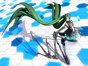 3_fingers accessory belt big_hair black_bottomwear black_clothing black_shirt black_skirt black_topwear blue_necktie bone bone_arm bottomwear breasts clothed clothing cosplay female fingers green_hair hair hexagon high-angle_view huge_hair long_arms long_hair looking_at_viewer machine mechanical_arm mechanical_leg medium_breasts necktie no_bra not_furry open_clothing open_shirt open_topwear pleated_skirt red_eyes shirt skirt solo teal_eyes text topwear twintails_(hairstyle) wire deino_(artist) vocaloid yamaha_corporation calne_ca hatsune_miku humanoid robot robot_humanoid 2009 3d_(artwork) 4:3 autodesk_3ds_max_(artwork) digital_media_(artwork) english_text full-length_portrait portrait