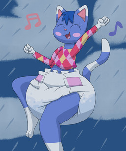 anthro big_diaper blush clothed clothing dancing diaper eyes_closed female fist fur huge_diaper markings multicolored_body multicolored_fur musical_symbol one_leg_up raining raised_arms raised_leg solo striped_markings striped_tail stripes symbol tail tail_markings unclean_diaper waterlogged_diaper nyxiettenyxstar animal_crossing nintendo rosie_(animal_crossing) felid feline mammal hi_res