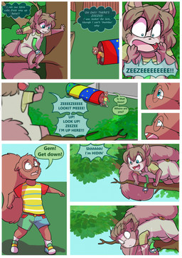 anthro bottomwear clothed clothing dialogue duo eyewear female glasses male pacifier plant shirt shorts speech_bubble text topwear tree young babystar gemma_polson zeezee_(zee-zee) mammal rodent sciurid tree_squirrel comic english_text hi_res