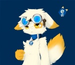 anthro blue_background collar collar_tag eyewear fur goggles male mascot_contest simple_background slave solo tail white_body white_fur yellow_eyes manafox e621 canid canine felid mammal