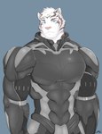 anthro armor black_armor blue_eyes fur hair male muscular muscular_male pink_nose serious simple_background solo white_body white_fur white_hair ixkouu felid feline mammal pantherine tiger hi_res