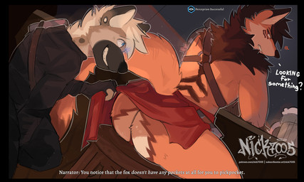 annoyed anthro bar bar_stool beer_mug brown_hair butt caught clothed clothing clothing_lift duo fluffy fluffy_tail fur furniture hair male male/male neck_tuft orange_body orange_fur rear_view shirtless_male sitting sneaking stool tail text tuft nick7005 canid canine fox hyena mammal 5:3 english_text hi_res url