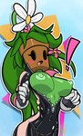 blush breasts clothing exclamation_point female flower gloves green_body handwear nipples open_mouth plant plant_pot solo surprise unzipped zipper n3f4str10 blaster_master kanna_(blaster_master) elemental_creature elemental_humanoid flora_fauna humanoid plant_humanoid