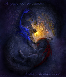 black_hair black_lips black_nose duo feral fur grass grey_body grey_fur hair lamp lantern lips lying night nude outside plant red_eyes red_hair text wolnir canid canine mammal absurd_res hi_res russian_text