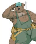 anthro armpit_hair body_hair brown_body brown_fur clothing fur hat headgear headwear male musclegut muscular muscular_male nipples overalls_only overweight overweight_male pecs simple_background solo tool_belt artxtcy canid canine canis domestic_dog mammal 5:6