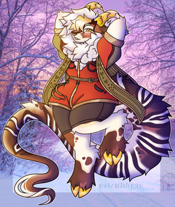 anthro blonde_hair bottomwear clothing fur hair hair_over_eye hands_behind_head hooves horn hotpants long_tail looking_at_viewer male markings one_leg_up raised_leg red_clothing scarf shorts solo spots spotted_body spotted_fur striped_body striped_fur stripes sweater tail topwear white_body white_fur white_hair yellow_eyes yellow_horn starfishsharky caden_(huf13) bovid caprine caprine_demon demon goat goat_demon mammal absurd_res hi_res