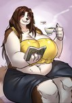 2022 anthro belly belly_overhang beverage big_breasts black_bottomwear black_clothing black_skirt blue_eyes book bottomwear breasts camisole canid canine canis cleavage clothed clothing container cup curvy_figure deep_navel domestic_dog female floppy_ears hi_res huge_breasts mammal mature_female midriff molosser mountain_dog navel ocaritna open_book overweight overweight_anthro overweight_female reading saint_bernard sitting skirt solo steam tea_cup thick_thighs voluptuous vreneli_liljedahl yellow_camisole