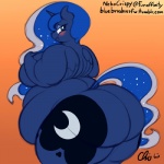 1:1 2014 anthro anthrofied blue_body blue_eyes blue_feathers blue_hair blush butt cutie_mark equid equine feathered_wings feathers female friendship_is_magic hair hasbro horn long_hair mammal my_little_pony mythological_creature mythological_equine mythology nekocrispy nude obese obese_anthro obese_female overweight overweight_anthro overweight_female princess_luna_(mlp) solo standing text url winged_unicorn wings