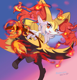 3_toes 4_fingers ambiguous_anthro ambiguous_gender anthro arm_tuft big_tail biped black_body black_fur cheek_tuft chest_tuft digitigrade dipstick_tail elemental_manipulation eyelashes facial_tuft fangs feet fingers fire fire_manipulation flesh_fang front_view fur gradient_background holding_object inner_ear_fluff looking_at_viewer markings multicolored_body multicolored_fur nude_ambiguous nude_anthro object_in_tail on_one_leg open_mouth open_smile orange_body orange_eyes orange_fur orange_nose orange_tail_tip pointy_ears prick_ears shoulder_tuft simple_background smile snout solo standing stick stick_in_tail tail tail_markings teeth thick_eyelashes toes tuft two_tone_tail white_body white_fur yellow_body yellow_fur yellow_tail yutano_tantan nintendo pokemon braixen canid generation_6_pokemon mammal pokemon_(species) 2023 absurd_res cel_shading dated digital_drawing_(artwork) digital_media_(artwork) english_description full-length_portrait hi_res portrait shaded signature