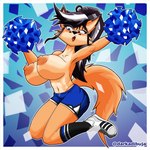 anthro big_breasts black_hair blue_eyes blush bottomwear breasts cheerleader cheerleader_outfit clothing female footwear fur hair legwear nipples orange_body orange_fur red_eyes shoes shorts sneakers solo stockings tail darkadibuja elizabeth_fox canid canine fox mammal 1:1 absurd_res hi_res