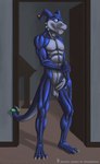 abs anthro athletic athletic_anthro athletic_male balls blue_body blue_eyes blue_skin blush claws door erection foreskin front_view genitals humanoid_genitalia humanoid_penis long_foreskin looking_at_viewer male nipples nude open_mouth penis pose smile solo standing text toe_claws unretracted_foreskin spelunker_sal third-party_edit bandai_namco digimon hasbro roommates_(comic) fan_character giancarlo_rosato digimon_(species) flamedramon scalie color_edit colored hi_res