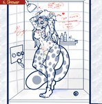 anthro bath bathing biped blue_eyes blue_markings blush female hair inside leg_markings lips long_hair markings one_eye_closed shower shower_head showering socks_(marking) solo spots spotted_body standing suds text white_body white_hair ghostart pantera felid mammal absurd_res digital_drawing_(artwork) digital_media_(artwork) full-length_portrait hi_res portrait translation_request