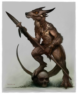 3_toes abs anthro athletic athletic_anthro athletic_male black_nose border bottomwear bracelet brown_body brown_eyes brown_fur claws clothed clothing detailed_fur digitigrade feet fingers front_view fur grey_background holding_melee_weapon holding_object holding_polearm holding_spear holding_weapon horn human_skull jewelry loincloth looking_at_viewer loose_feather male melee_weapon mouth_closed multicolored_body multicolored_fur nipples pecs polearm pupils simple_background skimpy slit_pupils snout solo spear spiked_tail spikes spikes_(anatomy) standing tail tan_body tan_fur teeth three-quarter_view toe_claws toes topwear tribal weapon white_border john_tedrick furred_kobold furred_scalie kobold scalie absurd_res adobe_photoshop_(artwork) detailed digital_media_(artwork) digital_painting_(artwork) full-length_portrait hi_res painting_(artwork) portrait shaded signature soft_shading