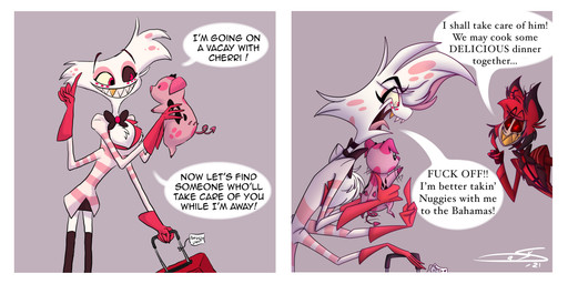 2_panel_comic 4_arms anthro antlers black_sclera bow_tie chest_tuft clothed clothing dialogue feral fluffy fluffy_chest fur gesture gloves gold_(metal) gold_tooth grey_background group hair hand_gesture handwear horn luggage male middle_finger multi_arm multi_limb open_clothing open_shirt open_topwear pink_spots profanity red_clothing red_gloves red_hair red_handwear red_suit sharp_teeth shirt simple_background smile spots suit teeth text topwear trio tuft white_body white_fur yellow_sclera yellow_teeth audrycosmo13 daniart_04 hazbin_hotel hellaverse alastor_(hazbin_hotel) angel_dust fat_nuggets_(hazbin_hotel) animal_humanoid arachnid arthropod deer deer_humanoid demon demon_humanoid domestic_pig humanoid mammal mammal_humanoid sinner_demon spider spider_demon suid suine sus_(pig) 2021 2:1 absurd_res artist_collaboration comic english_text hi_res