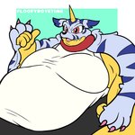 animal_skin anthro belly big_belly claws clothing fur gesture hand_gesture horn male morbidly_obese morbidly_obese_anthro obese obese_anthro open_mouth overweight overweight_anthro overweight_male simple_background solo thumbs_up yellow_body floofyboyetime bandai_namco digimon digimon_(species) gabumon scalie 1:1 2023 digital_media_(artwork)