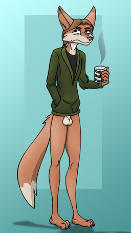 anthro balls beverage bodily_fluids bottomless clothed clothing coffee countershading genital_fluids genitals grumpy hair hoodie long_hair male ponytail precum precum_through_clothing solo standing topwear wet wet_clothing dizzyvixen fenton_(dizzyvixen) canid canine fox mammal 9:16 hi_res