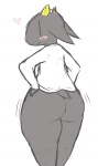 2_horns anthro big_butt blush bottomless butt clothed clothing female fur grey_body grey_fur heart_reaction heart_symbol horn huge_butt looking_at_viewer looking_back looking_back_at_viewer overweight overweight_anthro overweight_female pear-shaped_figure rear_view scut_tail shaking_butt shirt shirt_only short_tail simple_background smile solo standing tail topwear topwear_only white_background white_clothing white_shirt white_topwear wide_hips yattermang nan_quest nan_(nq) bovid caprine goat mammal