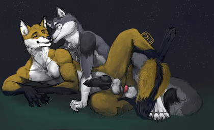 anal anal_penetration animal_genitalia animal_penis anthro anthro_on_anthro anthro_penetrated anthro_penetrating anthro_penetrating_anthro athletic athletic_anthro athletic_male balls black_body black_fur black_penis blue_eyes canine_genitalia canine_penis countershade_balls countershade_face countershade_genitalia countershade_neck countershade_torso countershading cross cross_necklace duo ear_piercing ear_ring erection eyebrow_piercing eyebrow_ring eyes_closed facial_piercing fur genitals grass grey_body grey_fur jewelry knot knotted_penis lying male male/male male_anthro male_penetrated male_penetrating male_penetrating_male necklace necklace_only night nude nude_anthro nude_male on_side open_mouth open_smile outside penetration penile penile_penetration penis penis_in_ass piercing pink_penis plant ring_piercing sex sheath smile star teeth white_body white_fur yellow_body yellow_fur i-psilone 7foxfire sadwyn canid canine canis fox mammal wolf 2017