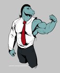 anthro biceps bottomwear clothing flexing hair male muscular necktie pants shirt solo topwear torn_clothing triceps falcon_mccooper disney star_vs._the_forces_of_evil toffee_(svtfoe) lizard reptile scalie septarian hi_res