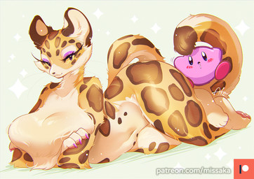 anthro big_breasts breasts claws countershading duo eyelashes featureless_breasts female fur huge_breasts inner_ear_fluff looking_at_viewer makeup naturally_censored nude pupils slit_pupils smile spots thick_thighs tuft whiskers yellow_sclera missaka kirby_(series) kirby_and_the_forgotten_land nintendo clawroline kirby felid leopard mammal pantherine