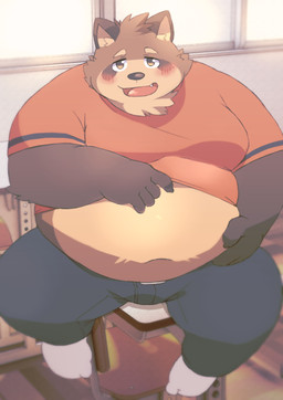 anthro belly big_belly blush bottomwear brown_body brown_fur clothing cute_fangs fangs fur inside kemono male overweight overweight_male pants shirt solo teeth topwear ayame42612 ore_no_kareshi masaya_tamazaki canid canine mammal raccoon_dog tanuki 2026 hi_res