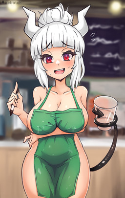 apron apron_only big_breasts blush breasts cleavage clothed clothing container cup female green_apron green_clothing hair holding_container holding_cup holding_object holding_pen horn mostly_nude not_furry pen red_eyes solo spade_tail tail tail_holding_object white_hair bebatch helltaker i_mean_breast_milk lucifer_(helltaker) horned_humanoid humanoid hi_res meme