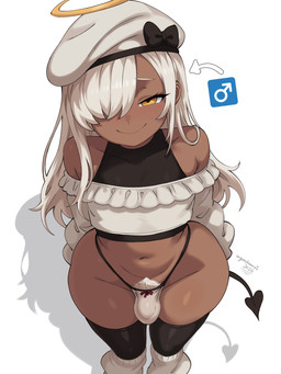 bare_shoulders bedroom_eyes biped black_bow black_clothing black_legwear black_tail black_topwear blush blush_lines blushing_at_viewer bow_(feature) bow_underwear brown_body brown_skin bulge closed_smile clothed clothed_humanoid clothed_male clothing dark_body dark_skin detailed_bulge directional_arrow exposure_variation eyebrow_through_hair eyebrows eyelashes femboy front_view gender_symbol genital_outline glistening glistening_legs glistening_thighs hair hair_over_eye halo hat headgear headwear high-angle_view iris legwear long_hair looking_at_viewer looking_up looking_up_at_viewer male male_humanoid male_symbol monotone_body monotone_hair monotone_skin mouth_closed narrowed_eyes navel not_furry one_eye_obstructed pantsless pantsless_humanoid pantsless_male penis_outline pubes pupils red_bow seductive shadow simple_background skimpy smile smiling_at_viewer solo spade_tail standing symbol tail text thick_thighs thigh_highs thong topwear translucent translucent_hair underwear white_background white_clothing white_eyebrows white_hair white_hat white_headwear white_legwear white_pubes white_sclera white_thong white_topwear white_underwear wide_hipped_humanoid wide_hipped_male wide_hips yellow_eyes yellow_halo argonchann humanoid tailed_humanoid 2026 3:4 artist_name dated hi_res portrait shaded three-quarter_portrait
