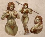 6:5 abs big_breasts bottomwear breasts broad_shoulders brown_hair catcaterpillar clothing collaboration female hair hi_res holding_melee_weapon holding_object holding_polearm holding_spear holding_weapon humanoid loincloth melee_weapon muscular muscular_female not_furry orc polearm solo spear wahafagart weapon weapon_on_shoulder