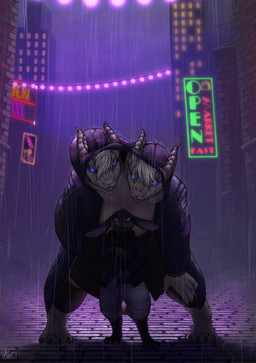 2_heads anthro bent_over biped blue_eyes blush bottomwear breasts building city cityscape cleavage clothed clothing coat conjoined digitigrade duo glowing glowing_eyes gold_scales horn leaning leaning_forward looking_at_another looking_at_viewer male multi_head neon neon_sign night outside oversized_bottomwear oversized_clothing oversized_pants pants raincoat raining sign size_difference skyscraper spread_legs spreading standing street string_lights topwear wet geno28 european_mythology greek_mythology mythology cherry_poppins_(geno28) canid canine dragon hybrid hydra lagomorph leporid mammal maned_wolf mythological_creature mythological_scalie rabbit reptile scalie absurd_res digital_media_(artwork) full-length_portrait hi_res portrait purple_theme watermark