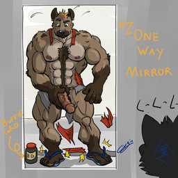 5_fingers 5_toes abs anthro areola arm_tuft balls biceps big_muscles big_penis biped black_nose body_hair bottle bottomwear broad_shoulders brown_body brown_fur brown_hair brown_spots calf_muscles chest_tuft claws clothing clothing_scraps container countershade_face countershade_torso countershading deltoids destroyed_clothing ear_piercing ear_ring elbow_tuft erection eyebrows feet finger_claws fingers flip_flops footwear full_foot_pawpads fur fur_hair genitals glans gloves_(marking) gold_(metal) gold_ear_ring green_eyes grey_claws growth hair hand_on_penis happy_trail head_tuft highlights_(coloring) humanoid_feet humanoid_genitalia humanoid_penis implied_growth inside label male markings multicolored_body multicolored_fur muscular muscular_anthro muscular_male navel nipples observation_window one_way_mirror orange_highlights pawpads pecs penis penis_grab piercing pill_bottle pink_nipples pink_pawpads plantigrade pubes quads raised_eyebrow ring_piercing sandals shirt shoes silhouette snout solo solo_focus spots spotted_markings standing surprised tan_body tan_fur text through_window toe_claws toes topwear torn_bottomwear torn_clothing torn_shirt torn_shoes torn_topwear tuft vein veiny_penis chestnuts_(artist) hyena mammal spotted_hyena unknown_species 1:1 2012 cel_shading compression_artifacts english_text shaded signature