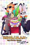 anthro briefcase business_suit clothing eyewear female fur glasses green_eyes group male purple_eyes question_mark simple_background size_difference suit text umbrella mitsuharu disney kingsman zootopia eggsy_unwin elton_john finnick_(zootopia) harry_hart judy_hopps nick_wilde canid canine fennec_fox fox lagomorph leporid mammal rabbit red_fox true_fox 2018