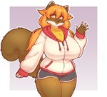 anthro big_breasts blush bottomwear breasts brown_body brown_fur chest_tuft clothed clothing dolphin_shorts female fluffy fluffy_tail fur gesture hair hoodie huge_breasts looking_at_viewer multicolored_body multicolored_fur open_mouth open_smile orange_hair pigtails red_eyes shorts simple_background smile solo tail topwear tuft waving white_body white_fur yellow_body yellow_fur yellow_sclera dobrota emi_(yasu) gulonine mammal marten mustelid musteline yellow-throated_marten hi_res