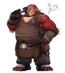 5_toes anthro apron biped clothed clothing feet hammer humanoid_hands kemono male overweight overweight_male red_body simple_background solo toes tools uken_l bear mammal 2022 hi_res