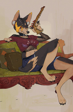 3_toes anthro barefoot belly blonde_highlights bottomwear breasts choker clothing crop_top dark_body dark_hair dark_skin denim denim_bottomwear denim_clothing denim_shorts detailed_background eyebrows_(marking) feet female fishnet_clothing fishnet_topwear fluffy fluffy_tail fur furniture highlights_(coloring) holding_object jewelry light_body light_skin multicolored_body multicolored_fur necklace on_sofa pawpads pointy_ears raised_leg red_eyes shirt shorts sitting snout sofa solo tail text toes topwear toy toy_gun tunnel_piercing two_tone_body two_tone_fur ruffu tsi_(ruffu) canid canine canis chihuahua domestic_dog mammal toy_dog digital_drawing_(artwork) digital_media_(artwork)