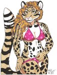 anthro bikini bikini_bottom bikini_top breasts brown_eyes brown_hair clothed clothing female fur hair leopard_spots leopard_tail looking_at_viewer markings navel pose simple_background solo spots spotted_body spotted_fur swimwear tail tan_body tan_fur two-piece_swimsuit white_body white_fur terrie_smith clouded_leopard felid feline leopard mammal pantherine pinup signature traditional_media_(artwork)