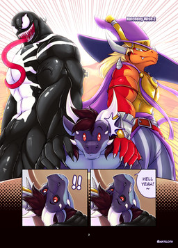 anthro armor balls belt big_penis black_body blonde_hair bodily_fluids brown_hair chair claws clothed clothed/nude clothing comic_panel dialogue dripping facial_horn flaccid flaccid_bigger furniture genitals hair hand_on_shoulder horn imminent_sex long_hair long_tongue looking_up looking_up_at_another magician_hat male markings multicolored_body nude nude_anthro nude_male penis red_eyes saliva saliva_drip saliva_on_tongue saliva_string sharp_teeth table teeth tongue venom aktiloth bushiroad european_mythology future_card_buddyfight marvel mythology aktiloth_(character) drum_bunker_dragon venom_(marvel) dragon mythological_creature mythological_scalie scalie western_dragon comic hi_res