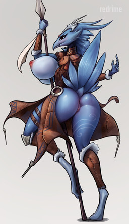 anthro anthrofied anus beak big_breasts big_butt blue_body blue_feathers bottomless breasts butt clothed clothing feathers female genitals glistening glistening_butt holding_object holding_weapon huge_breasts melee_weapon nipples non-mammal_breasts non-mammal_nipples partially_clothed polearm rear_view simple_background solo spear tail tail_feathers vulva weapon redrime league_of_legends riot_games tencent anivia_(lol) avian bird hi_res