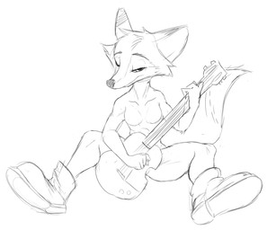 anthro boots breasts clothing convenient_censorship electric_guitar featureless_breasts female footwear footwear_only front_view guitar half-closed_eyes holding_object humanoid_hands mostly_nude musical_instrument narrowed_eyes plucked_string_instrument shoes shoes_only simple_background sitting snout solo spread_legs spreading string_instrument tail white_background w4g4 rock_dog darma_(rock_dog) canid canine fox mammal black_and_white full-length_portrait monochrome portrait sketch