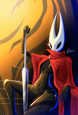 anthro breasts cloak clothing female midriff shell solo under_boob weapon parkerdude999 hollow_knight_(franchise) team_cherry hornet_(hollow_knight) arthropod weaver_(hollow_knight) hi_res