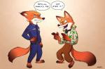 anthro badge belt clothed clothing collar dialogue duo fur green_eyes male open_mouth paws police police_uniform shock_collar simple_background smile speech_bubble square_crossover teeth text uniform rockbottomfeeder disney zistopia zootopia nick_wilde canid canine fox mammal red_fox true_fox 2016 crossover english_text hi_res