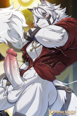 anthro balls biped blush clothed clothing erection fur genitals humanoid_genitalia humanoid_penis male muscular muscular_anthro muscular_male penis red_eyes solo text white_body white_fur sollyz mihoyo zenless_zone_zero von_lycaon canid canine canis mammal thiren wolf 2026 2:3 censored