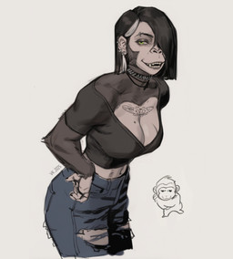 alternative_fashion anthro big_breasts black_body black_fur black_hair black_nails bottomwear breasts chest_tattoo choker cleavage clothed clothing colored_nails crop_top denim denim_bottomwear denim_clothing digit_ring ear_piercing eyebrow_piercing eyebrow_ring eyeshadow facial_piercing female finger_ring fur goth green_eyes grey_background hair hair_over_eye hand_on_hip highlights_(coloring) jeans jewelry legwear makeup markings midriff mole_(marking) nails navel necklace open_mouth open_smile pants piercing ring ring_piercing shirt short_hair simple_background smile solo tattoo topwear torn_bottomwear torn_clothing torn_jeans torn_legwear torn_pants vankraut trisha_(redustheriotact) ape gorilla haplorhine mammal primate 2025 hi_res signature