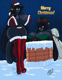 4_toes anthro big_breasts black_body black_fur black_hair breasts christmas_clothing christmas_headwear clothed clothing duo ear_piercing feet female footwear fur hair headgear headwear high_heels holidays huge_breasts long_hair piercing platform_footwear platform_heels shoes tail thick_thighs toes krocialblack wolfshadowscry christmas krocial_(krocialblack) rhaja_aaruna anubian_jackal canid canine canis domestic_cat domestic_dog felid feline felis jackal mammal absurd_res hi_res